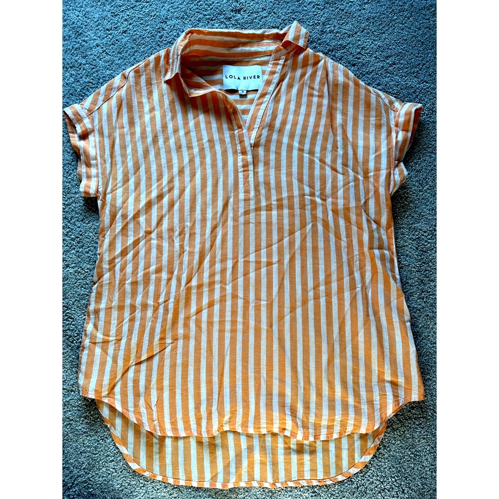 Lola River Orange‎ Striped Linen x Tencel Chloe Top Womens Size S Tencel/Linen